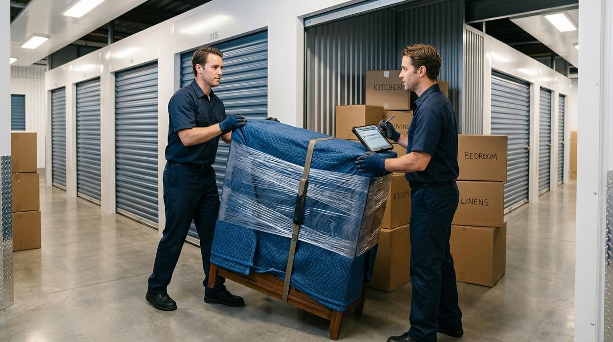 Operarios de mudanzas trasladando un mueble protegido a un box de guardamuebles