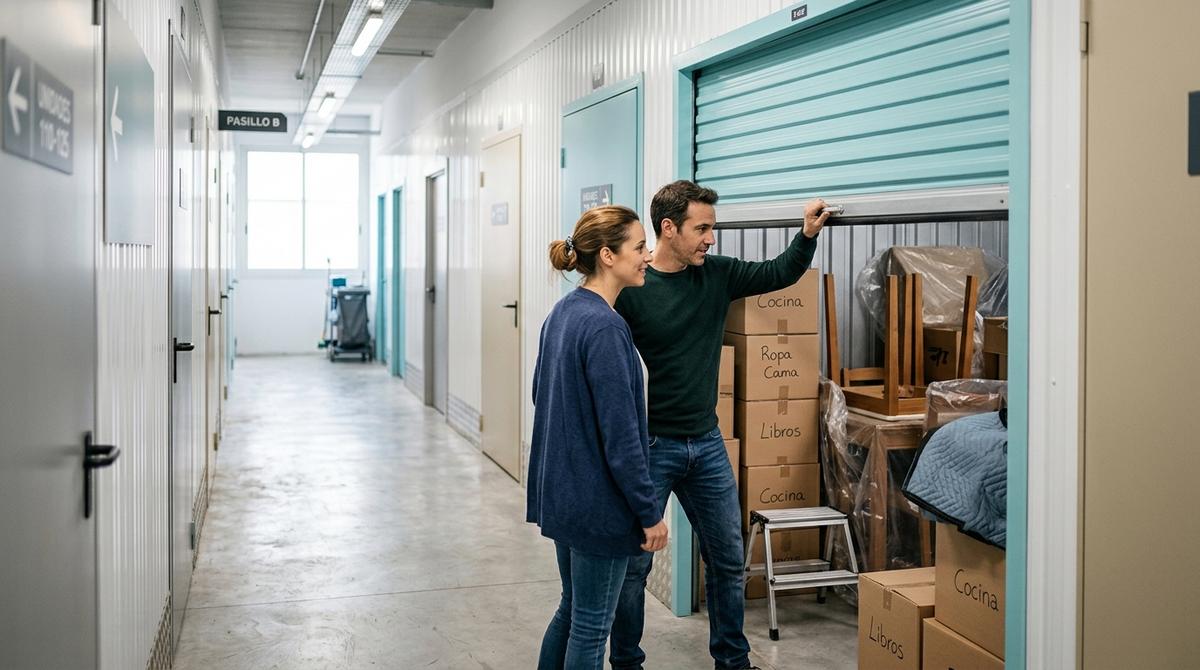 Pareja accediendo a un trastero moderno con cajas y muebles protegidos en un pasillo de guardamuebles