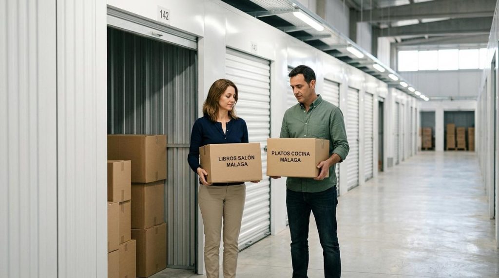 Pareja En Proceso De Separacion Organizando Cajas En Un Guardamuebles Moderno Y Luminoso