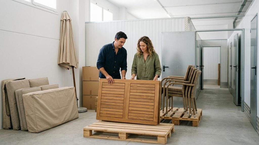 Pareja Guardando Muebles De Terraza Y Jardin De Alta Gama En Un Trastero Limpio Y Ordenado Con Sillas Y Mesa De Teca Elevadas Sobre Pales