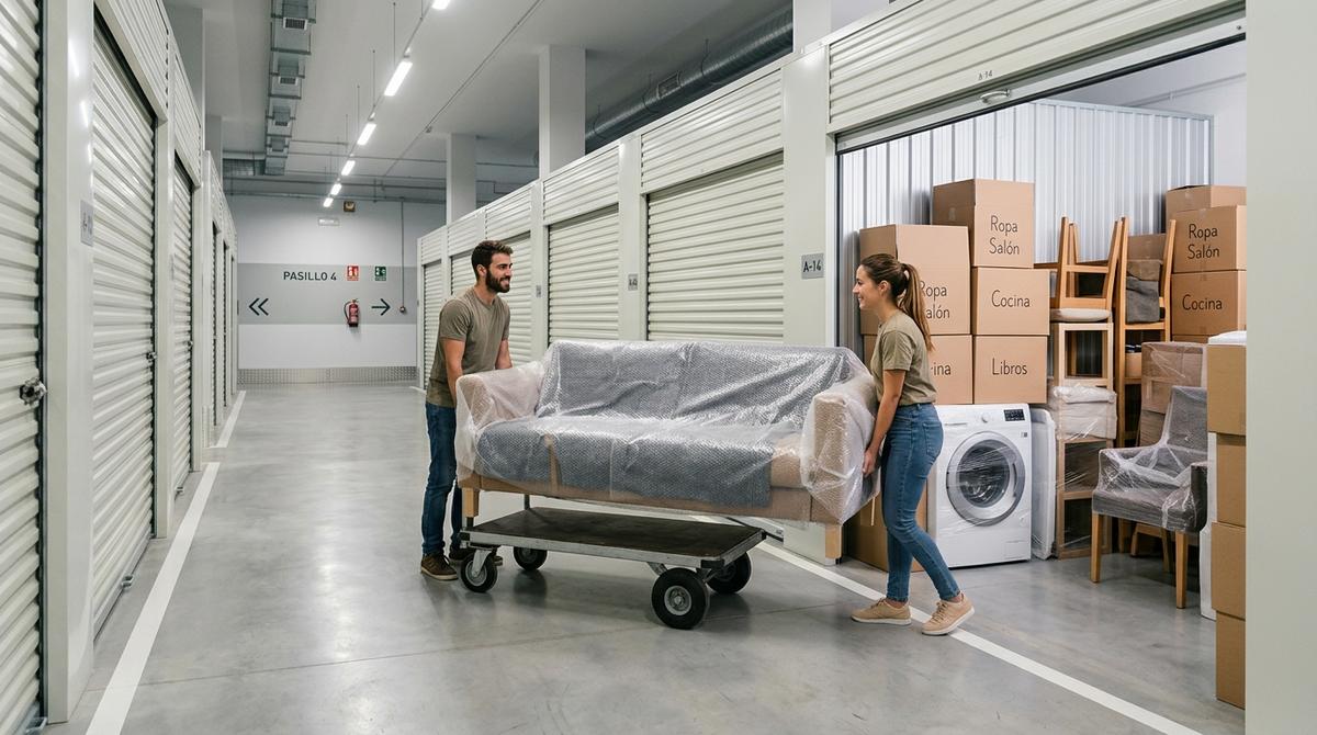 Pareja guardando muebles protegidos en un trastero moderno y vigilado durante una reforma en casa.