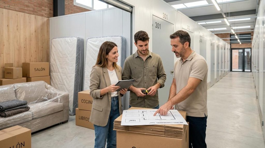 Pareja Joven Calculando El Espacio De Un Trastero Con Ayuda De Un Profesional En Una Nave De Almacenamiento Moderna Rodeados De Muebles Protegidos Y Cajas Apiladas