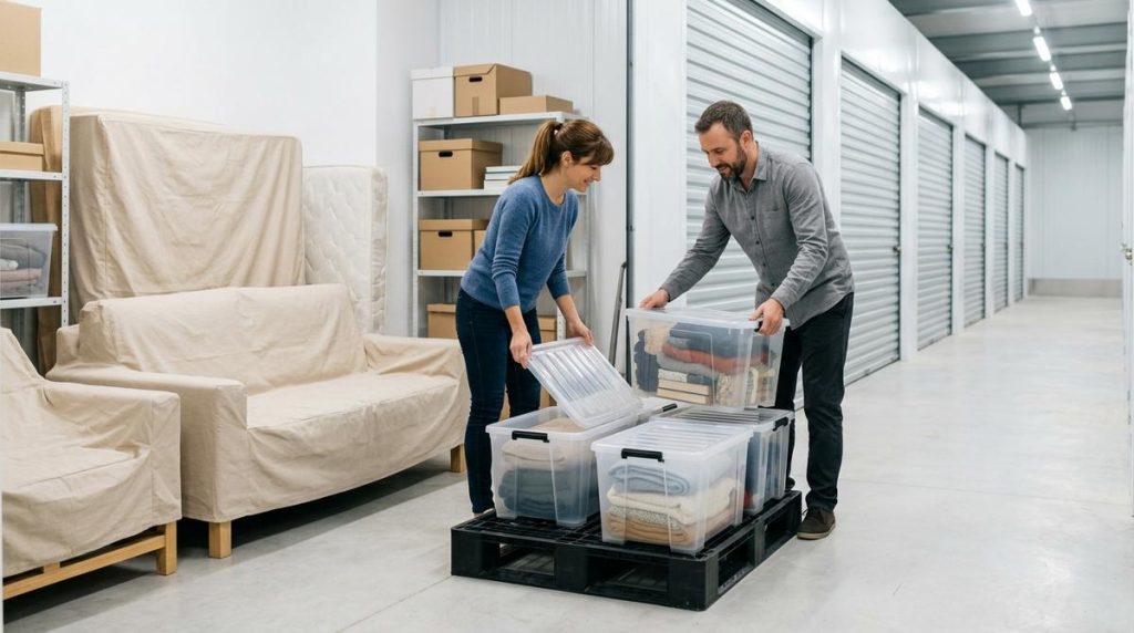 Pareja Organizando Cajas De Plastico Hermeticas Elevadas Sobre Palets En Un Trastero Moderno Y Seco