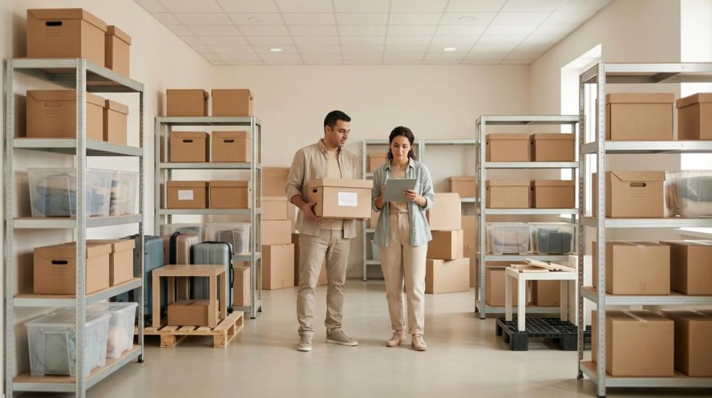 Pareja Organizando Cajas Y Muebles En Un Trastero De Alquiler Moderno Y Bien Aprovechado Con Pasillo Central Libre