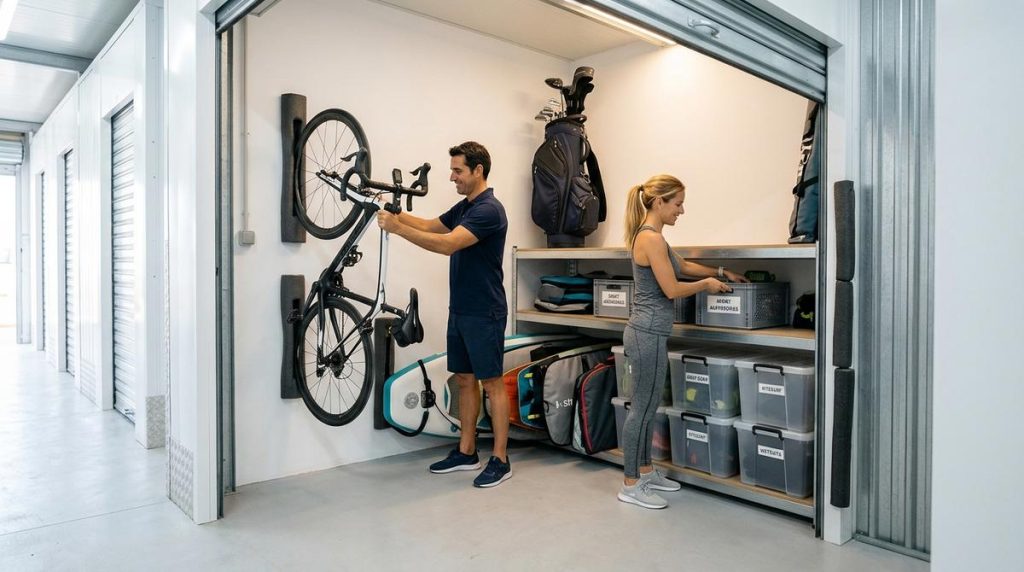 Pareja Organizando Material Deportivo De Alto Valor En Un Trastero Moderno Y Seguro En Malaga