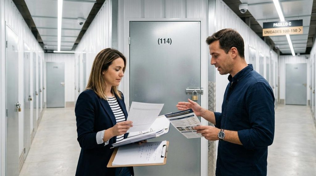 Pareja Revisando Opciones De Alquiler En Un Pasillo De Trasteros Modernos Y Seguros En Malaga