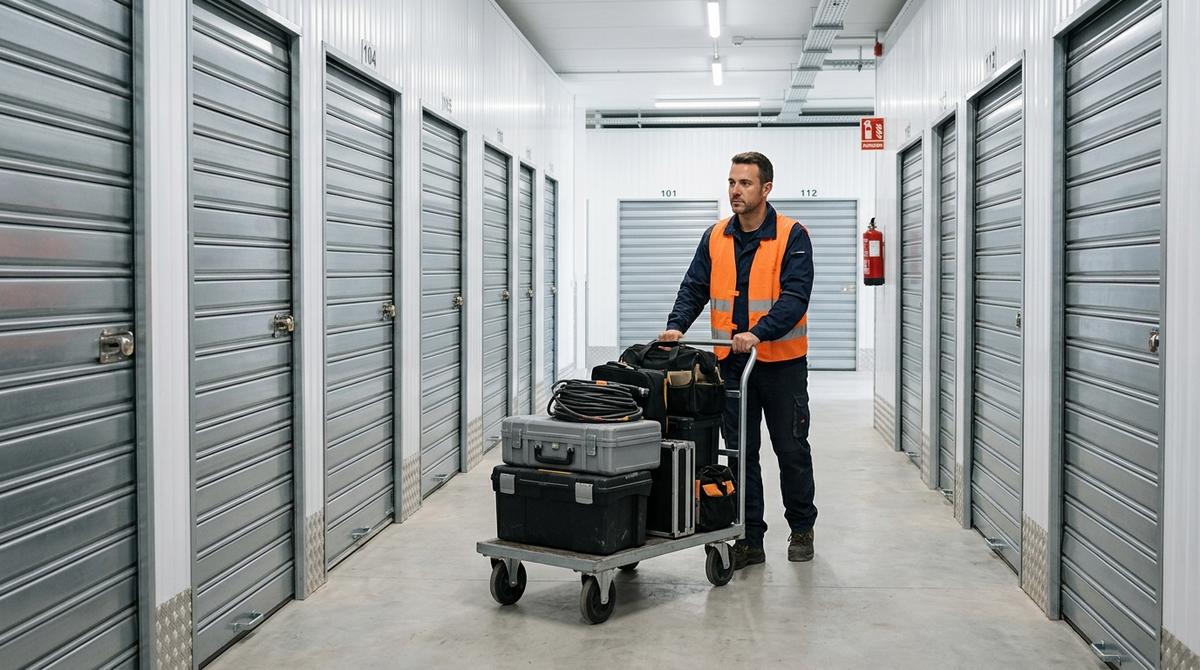 Profesional autónomo transportando cajas de herramientas por un pasillo de trasteros moderno y bien iluminado.