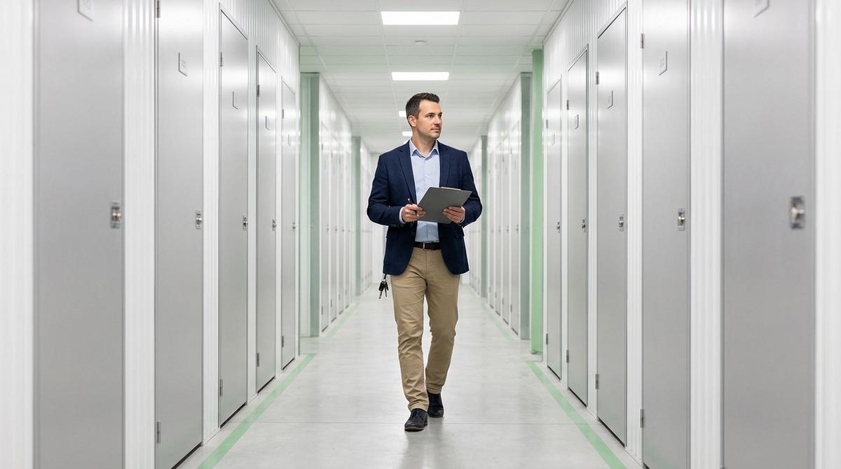 Profesional de oficina caminando por un pasillo de trasteros modernos utilizados para guardar archivos físicos