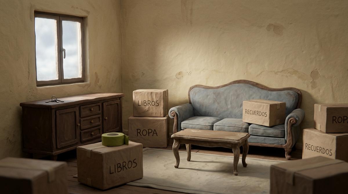 Salón de vivienda heredada vacío con muebles y cajas mostrando el deterioro por humedad y abandono.