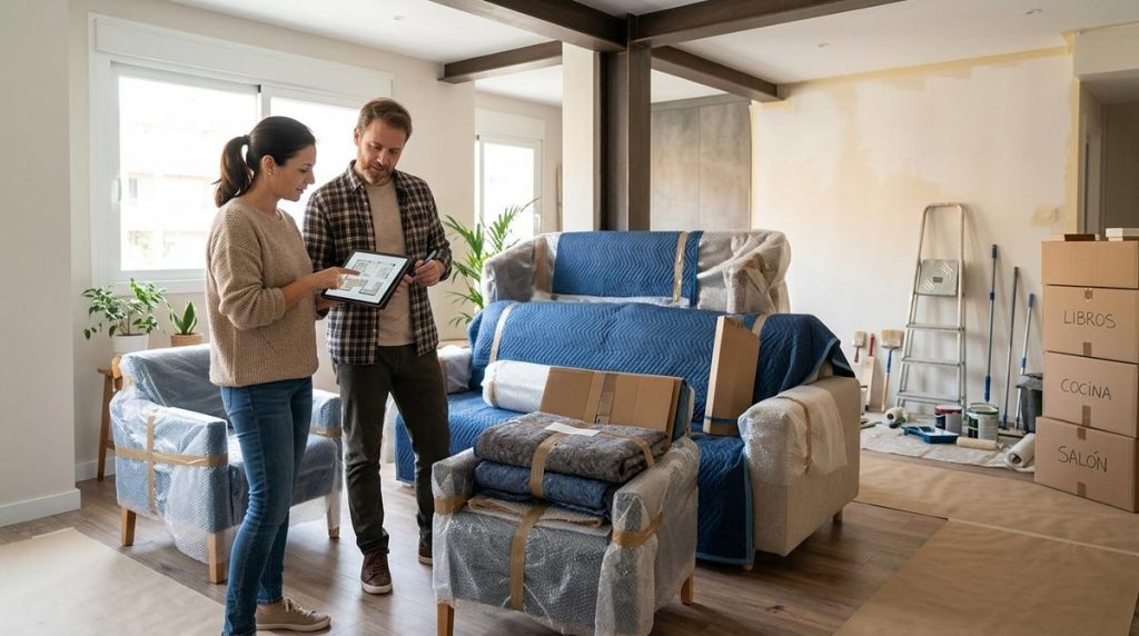 Salon En Reforma Con Muebles Protegidos Con Mantas Y Plastico De Burbujas Mientras Una Pareja Revisa La Logistica Del Guardamuebles