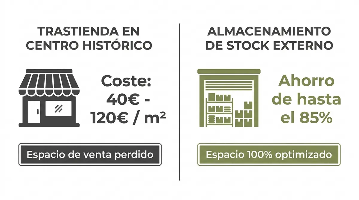 Infografía comparativa de costes por metro cuadrado de una trastienda en el centro de Málaga frente al almacenamiento externo.