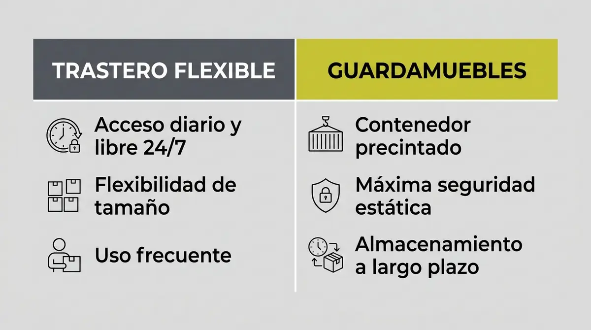 Tabla comparativa de ventajas entre el alquiler de trasteros y el servicio de guardamuebles de custodia estática.