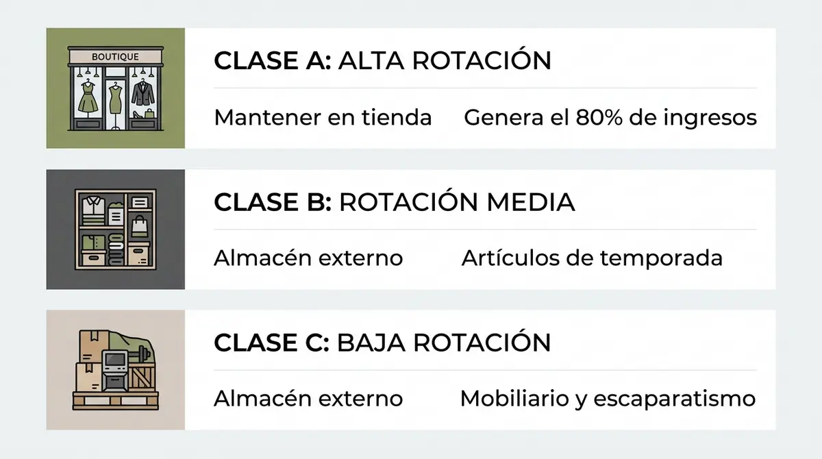 Diagrama explicativo del Método ABC para clasificar el stock comercial de una tienda en Málaga.