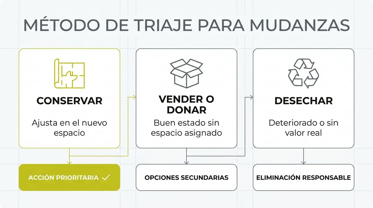 Esquema de flujo de decisión para clasificar y organizar muebles durante una mudanza reduciendo el volumen de bultos.