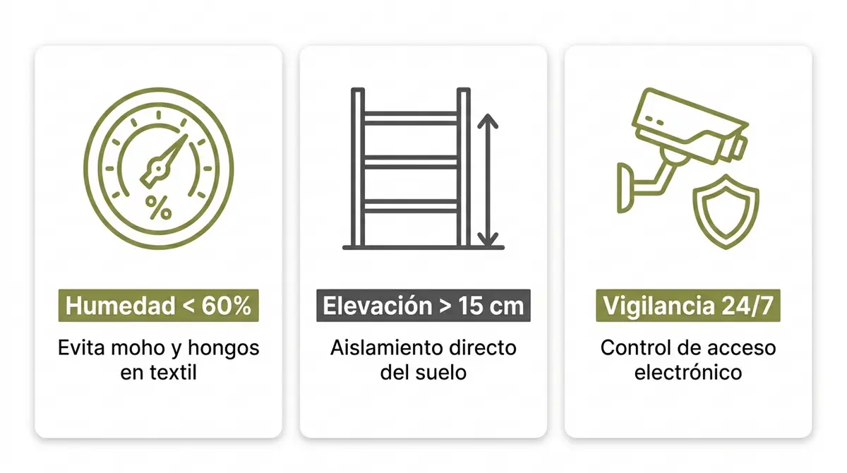Infografía técnica de requisitos de protección para inventario textil frente a la humedad en Málaga.