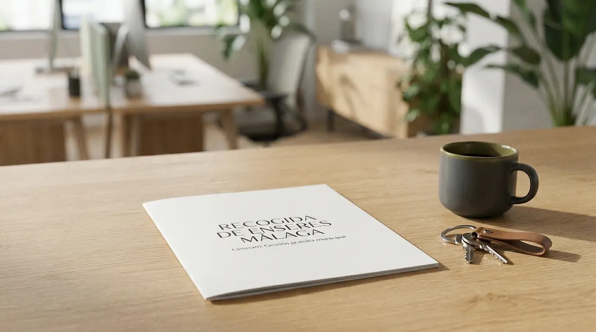 Folleto informativo de estilo de vida sobre una mesa de madera nórdica detallando la normativa de enseres en Málaga.