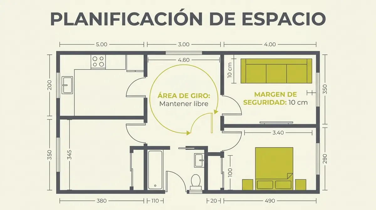Infografía técnica de un plano de planta acotado para planificar la distribución de muebles en un piso de menores dimensiones.