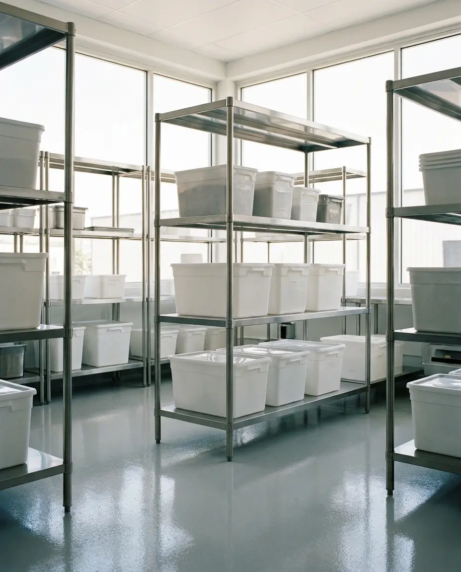 Estanterías metálicas con cajas herméticas elevadas a más de 15 cm del suelo cumpliendo la normativa sanitaria de almacén.