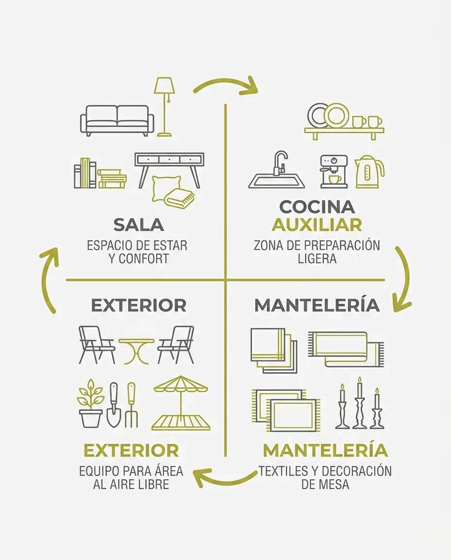 Infografía explicativa sobre la división del almacenamiento de catering en cuatro áreas: sala, cocina auxiliar, exterior y mantelería.